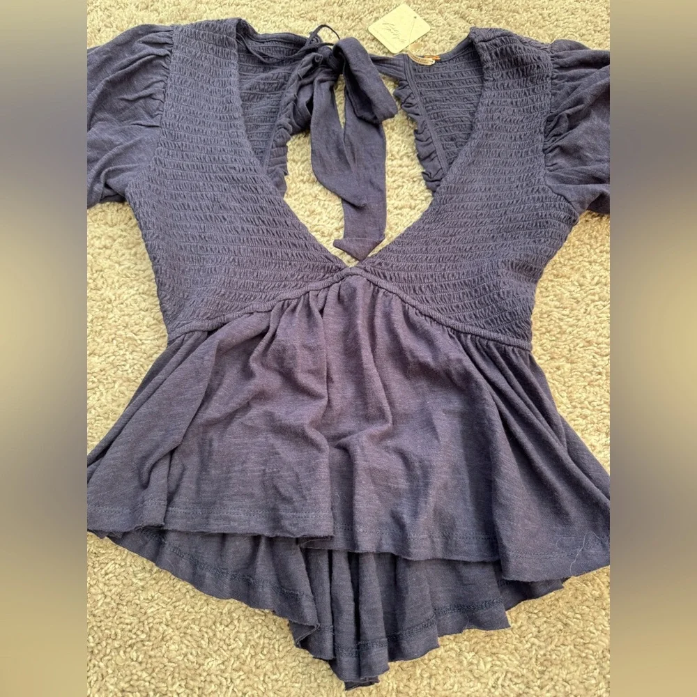 Free People Navy Smocked V-Neck Peplum Blouse